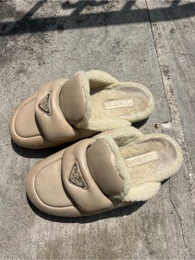 Prada Beige Cream Shearling Slide Slippers